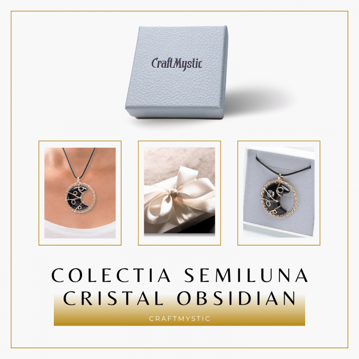 Colier Auriu Elegant in Forma de Semiluna cu Cristal Obsidian, Lungime Lant Ajustabila 34-38 cm [9]