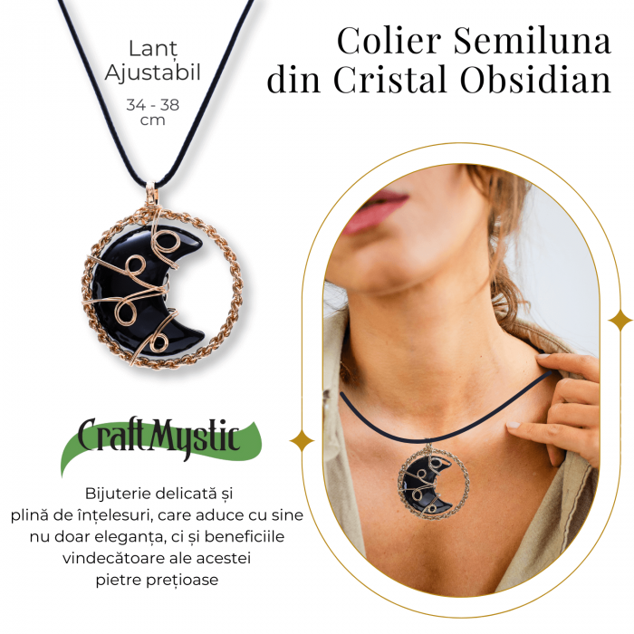 Colier Auriu Elegant in Forma de Semiluna cu Cristal Obsidian, Lungime Lant Ajustabila 34-38 cm [3]