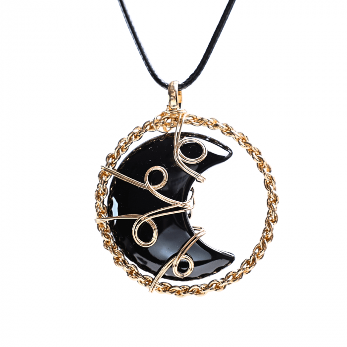 Colier Auriu Elegant in Forma de Semiluna cu Cristal Obsidian, Lungime Lant Ajustabila 34-38 cm [1]