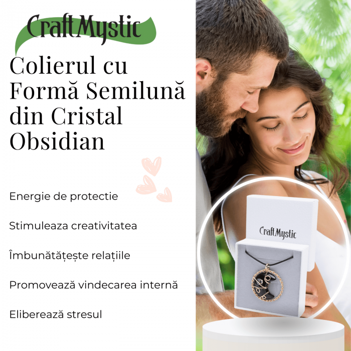 Colier Auriu Elegant in Forma de Semiluna cu Cristal Obsidian, Lungime Lant Ajustabila 34-38 cm [5]