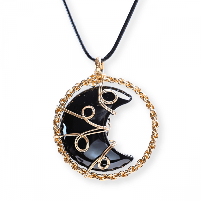 Colier Auriu Elegant in Forma de Semiluna cu Cristal Obsidian, Lungime Lant Ajustabila 34-38 cm [8]