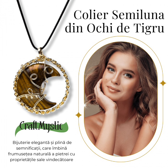 Colier Auriu Elegant in Forma de Semiluna cu Cristal Ochi de Tigru [5]