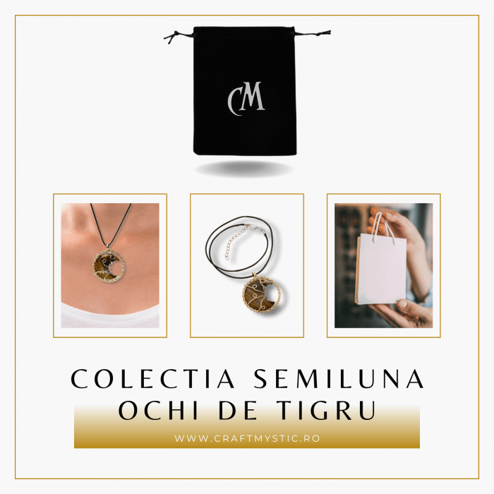 Colier Auriu Elegant in Forma de Semiluna cu Cristal Ochi de Tigru [6]