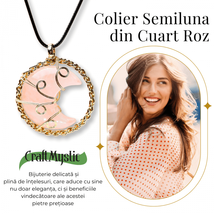 Colier Rafinat Auriu in Forma de Semiluna cu Cristal Cuart Roz [5]