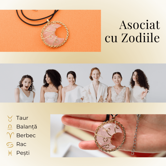 Colier Rafinat Auriu in Forma de Semiluna cu Cristal Cuart Roz [4]