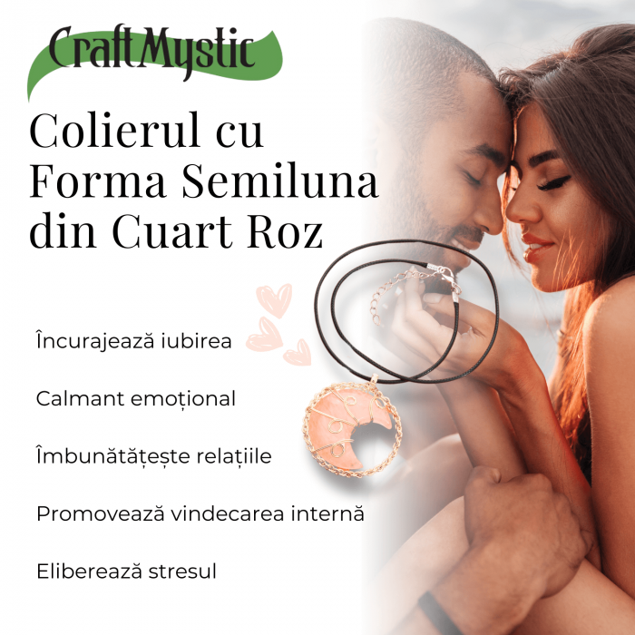 Colier Rafinat Auriu in Forma de Semiluna cu Cristal Cuart Roz [3]