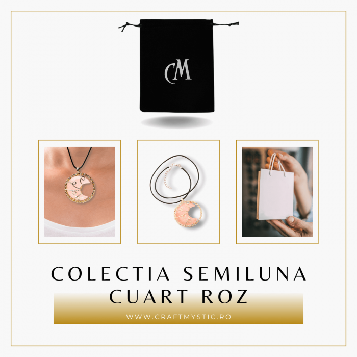 Colier Rafinat Auriu in Forma de Semiluna cu Cristal Cuart Roz [8]