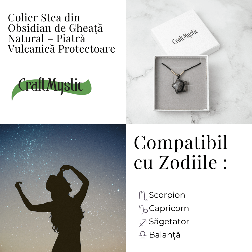 Colier Stea din Obsidian de Gheata Natural cu Snur Reglabil – Protectie si Claritate Interioara [5]