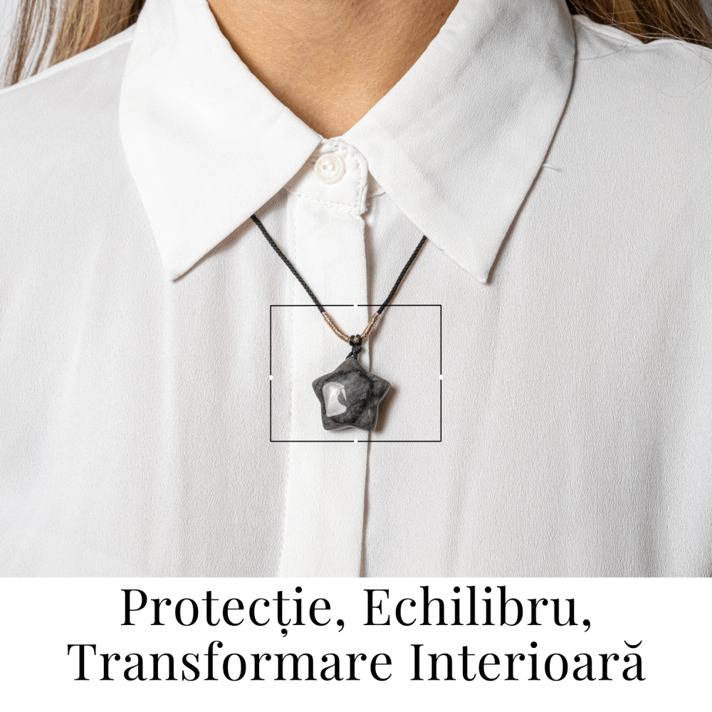 Colier Stea din Obsidian de Gheata Natural cu Snur Reglabil – Protectie si Claritate Interioara [2]