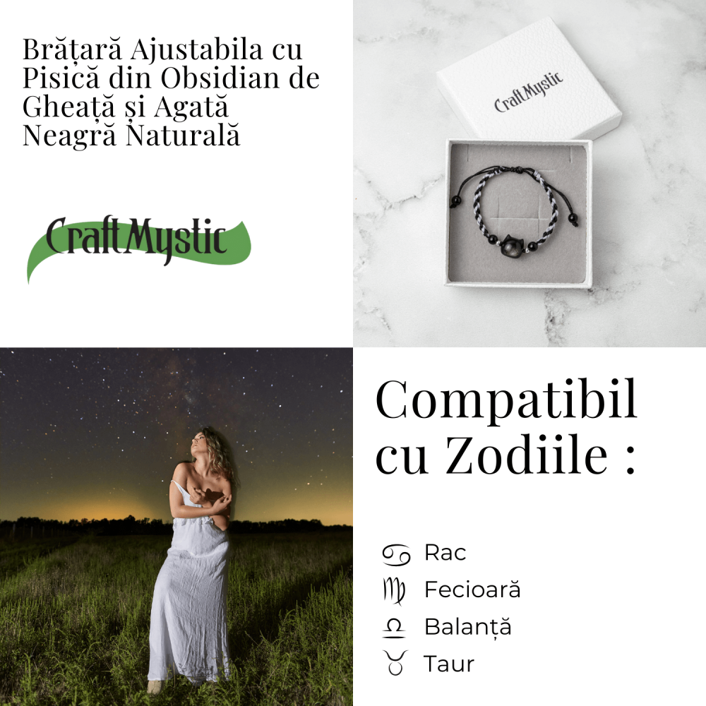 Bratara Ajustabila cu Pisica din Obsidian de Gheata si Agata Neagra Naturala – Talisman al Protectiei si Claritatii [5]
