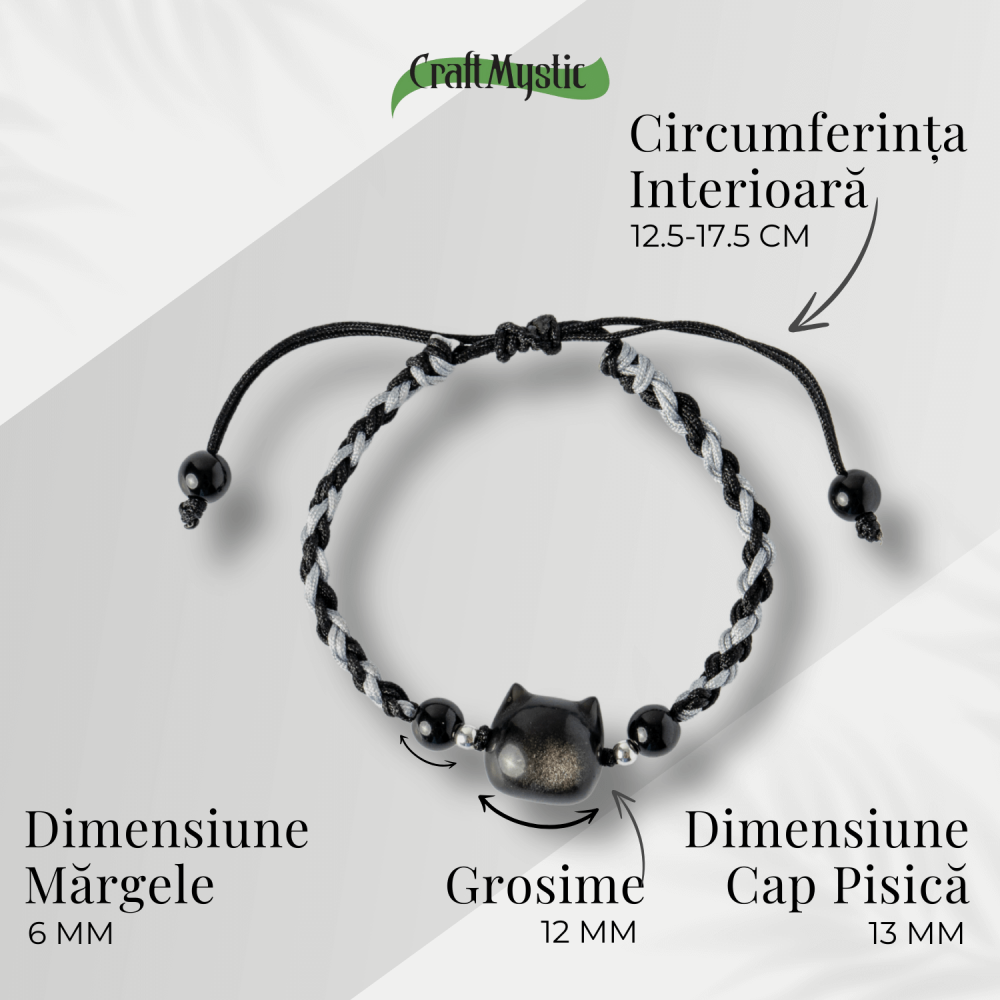 Bratara Ajustabila cu Pisica din Obsidian de Gheata si Agata Neagra Naturala – Talisman al Protectiei si Claritatii [3]