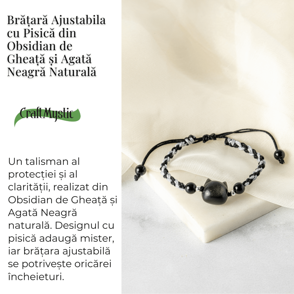 Bratara Ajustabila cu Pisica din Obsidian de Gheata si Agata Neagra Naturala – Talisman al Protectiei si Claritatii [4]