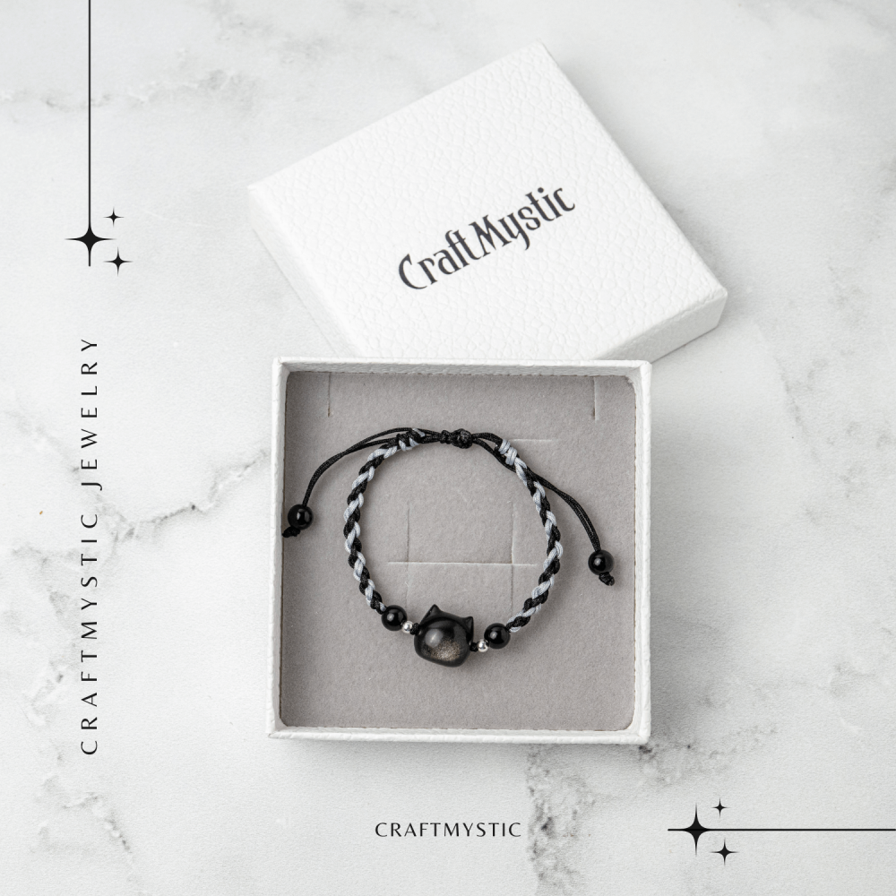 Bratara Ajustabila cu Pisica din Obsidian de Gheata si Agata Neagra Naturala – Talisman al Protectiei si Claritatii [7]