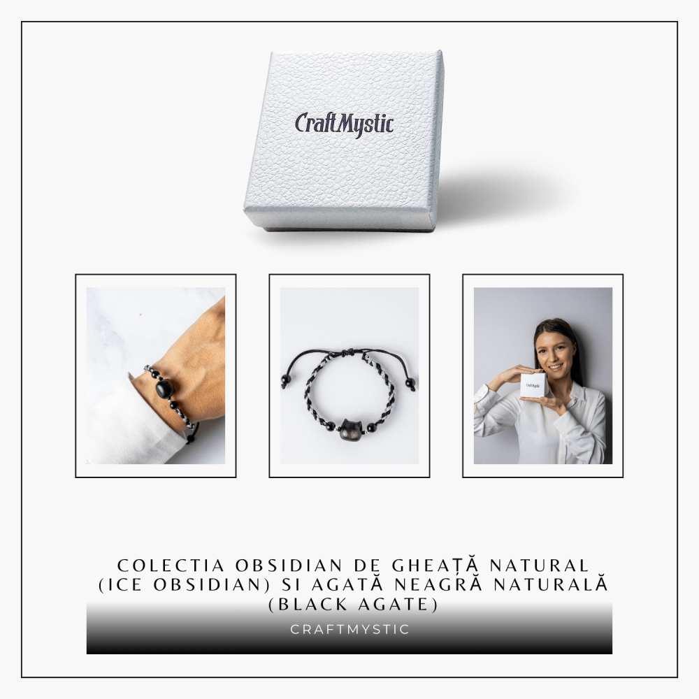 Bratara Ajustabila cu Pisica din Obsidian de Gheata si Agata Neagra Naturala – Talisman al Protectiei si Claritatii [8]