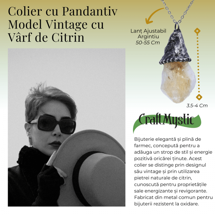 Colier ajustabil vintage cu pandantiv varf de citrin - Energie si Succes [5]