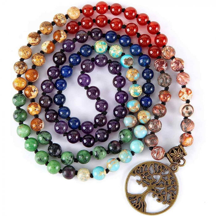 Colier realizat manual cu dubla utilizare si 108 margele naturale semipretioase 7 chakre - Pentru Yoga, Meditatie [1]