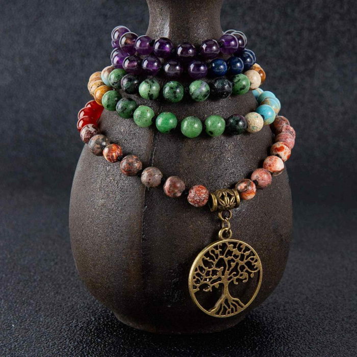 Colier realizat manual cu dubla utilizare si 108 margele naturale semipretioase 7 chakre - Pentru Yoga, Meditatie [6]