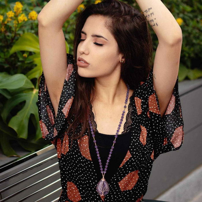 Colier cu pandativ din Ametist natural invelit cu sarma model Arborele vietii si margele 8mm - Cadou pentru mame, iubita [4]