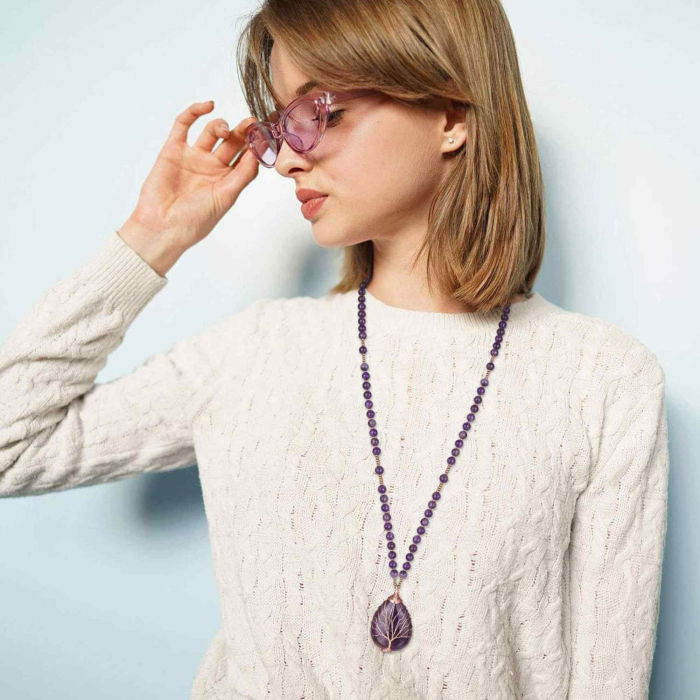 Colier cu pandativ din Ametist natural invelit cu sarma model Arborele vietii si margele 8mm - Cadou pentru mame, iubita [5]