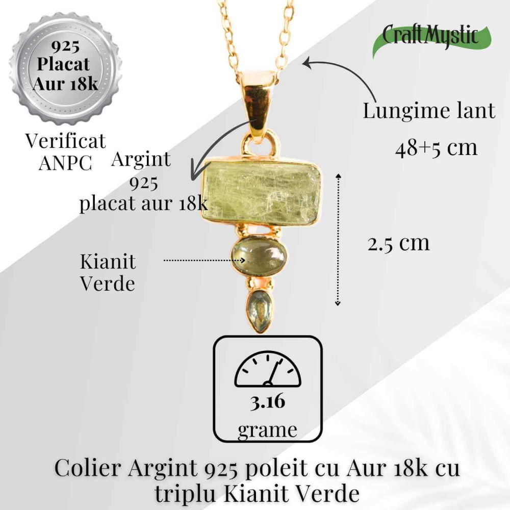 Echilibru si Vindecare Emotionala – Colier inox si pandantiv argint 925 placat cu aur de18k si Triplu Kyanit Verde [5]
