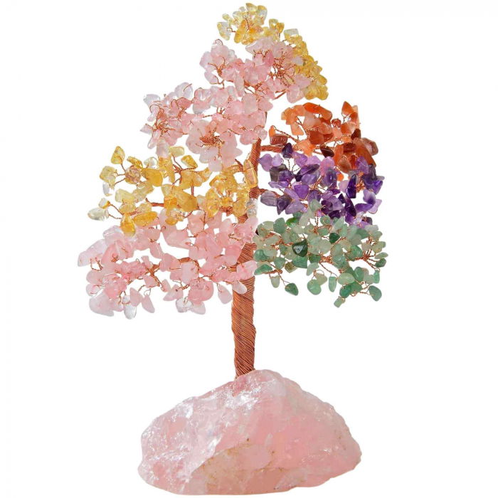 Arborele vietii premium din cristale naturale Chakra cu baza de cuart roz cu proprietati vindecatoare - Bonsai Feng Shui pentru vindecare si noroc 20 cm si 378 mini pietre naturale si baza din cristal natural pentru noroc si prosperitate [1]
