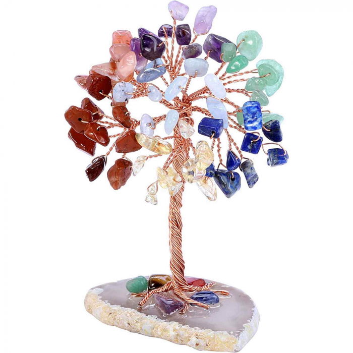 Mini Copacel pietre semipretioase 7 chakra pe felie de agat – decor cristal feng shui, accesorii pentru birou, cristale pentru meditatie [1]