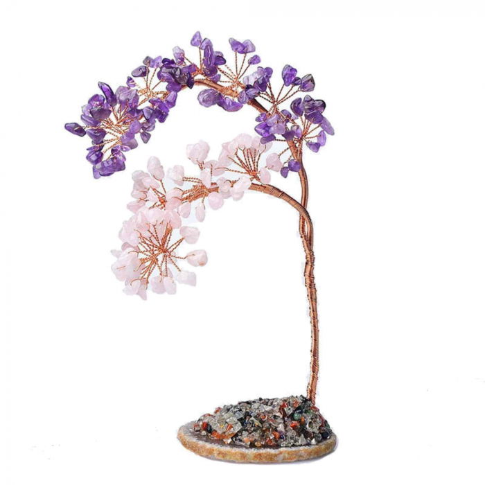 Copac pietre semipretioase ametist si cuart Roz pe felie de agat – Decor cristal feng shui, accesorii pentru birou, cristale pentru meditatie [1]