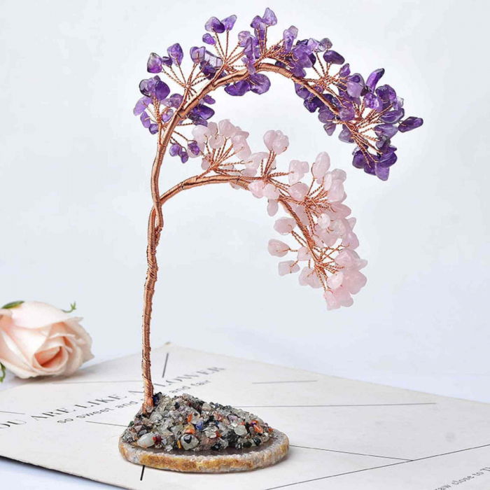 Copac pietre semipretioase ametist si cuart Roz pe felie de agat – Decor cristal feng shui, accesorii pentru birou, cristale pentru meditatie [3]