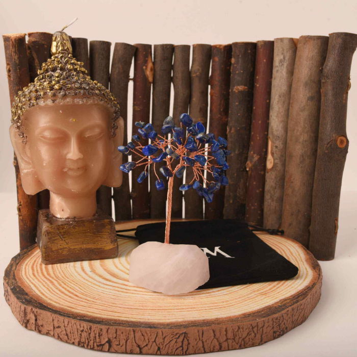 Copacel 10-11 cm din cristale naturale Lapis Lazuli cu baza de Cuart Roz cu 6 ramuri și 54 mini pietre semiprețioase - Armonie si bunastare [4]