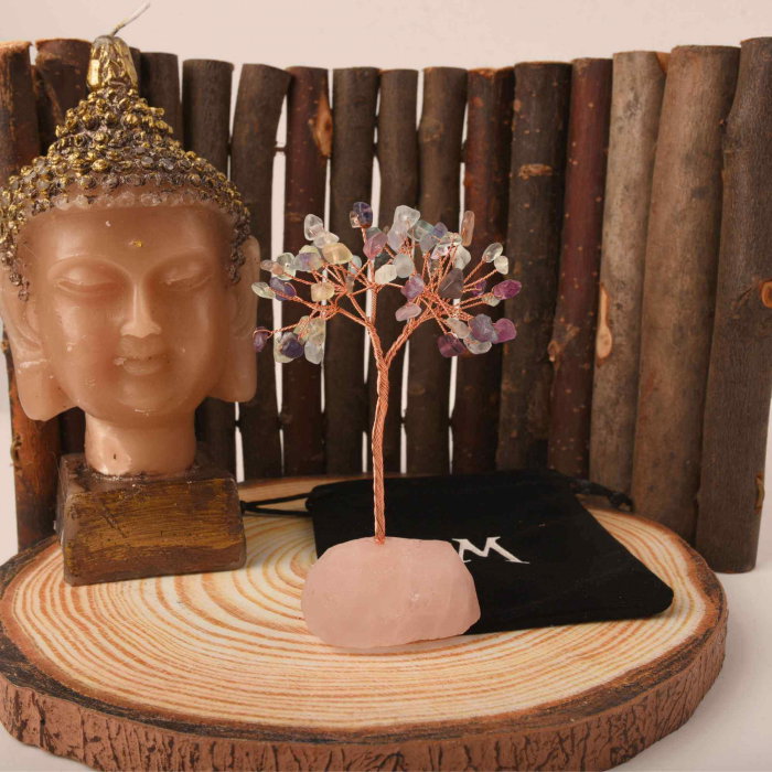 Copacel 10-11 cm din cristale naturale Fluorit cu baza de Cuart Roz cu 6 ramuri și 54 mini pietre semiprețioase - Echilibru si armonie [4]