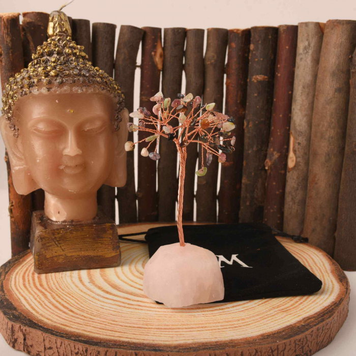 Copacel 10-11 cm din cristale naturale Turmalina colorata cu baza de Cuart Roz cu 6 ramuri și 54 mini pietre semiprețioase - Protectie si iubire [4]