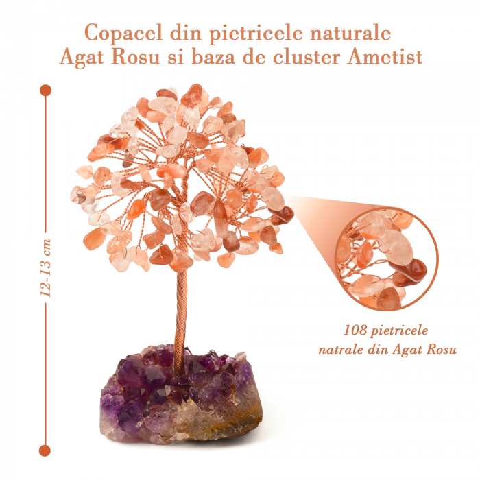 Copacel 12-13 cm cu 108 pietre naturale semipretioase Agat Rosu pe baza de Ametist cluster [2]