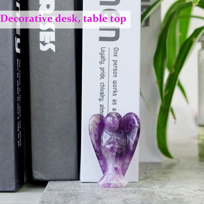 Figurina 5 cm inger din cristal vindecator Ametist - Sculptura manuala din piatra naturala lustruita - Decor pentru camera birou cu energie reiki pentru femei barbati [6]
