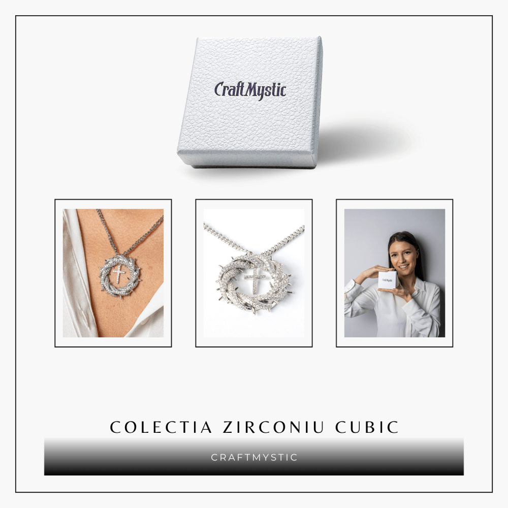 Protectie si Credinta – Colier Cruce cu Zirconiu si Coroana Circulara, Placat Argintiu [8]