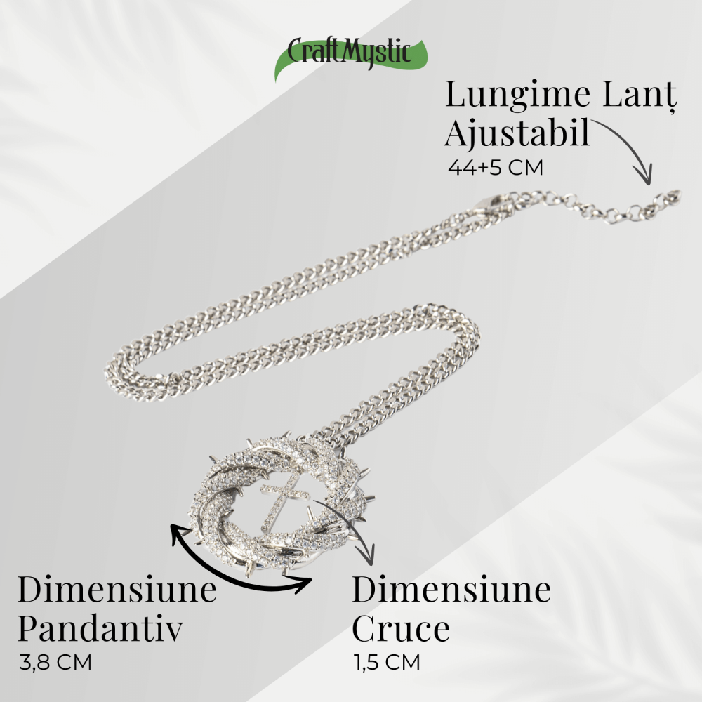 Protectie si Credinta – Colier Cruce cu Zirconiu si Coroana Circulara, Placat Argintiu [5]