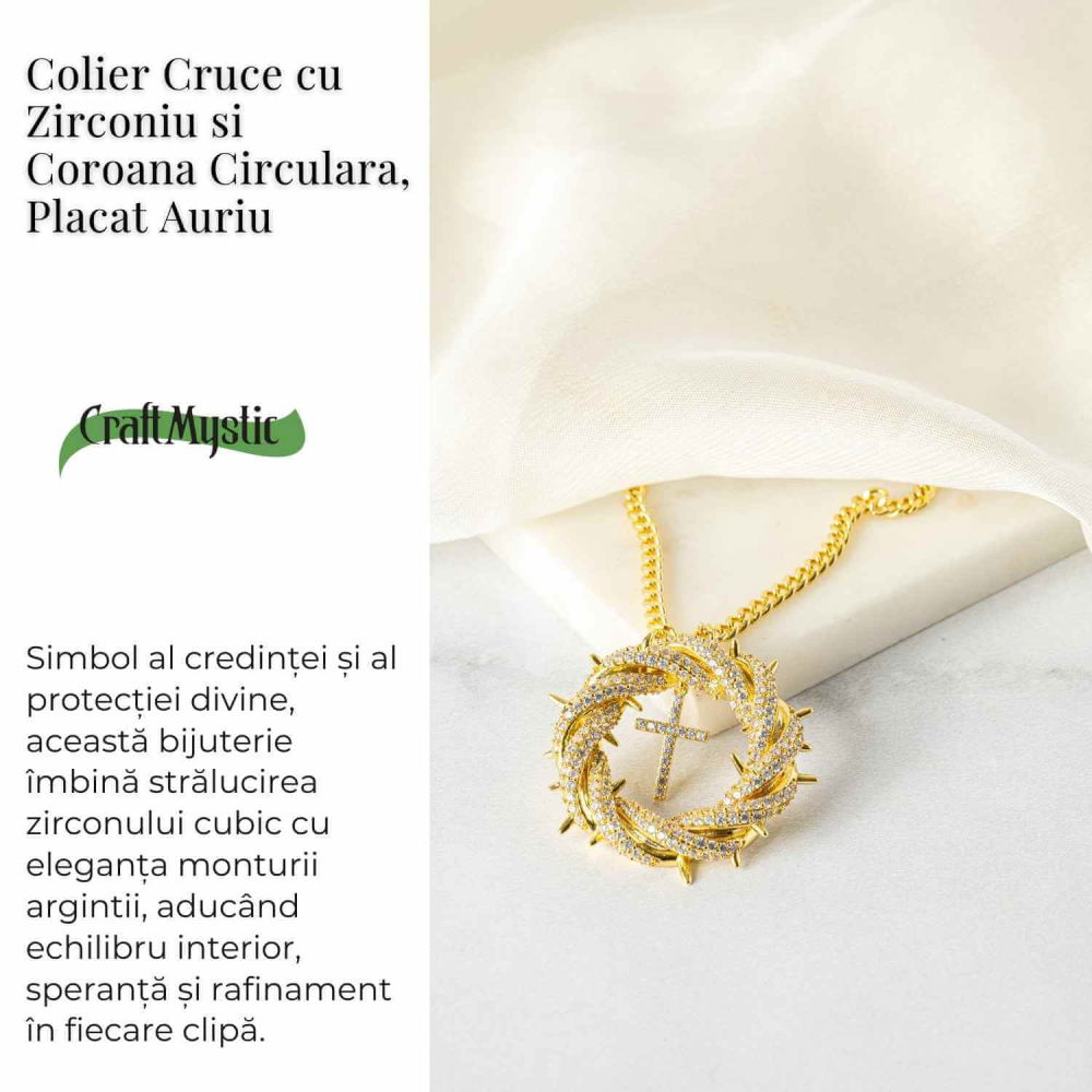 Credinta si Protectie – Colier Cruce cu Zirconiu si Coroana Circulara, Placat Auriu [3]