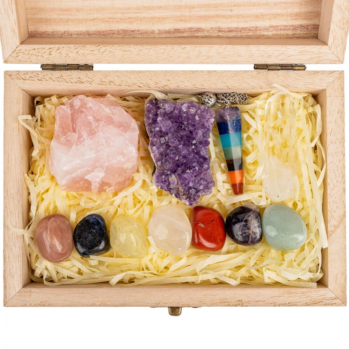Set Cristale si Pietre Naturale Vindecatoare Chakra in cutie de lemn- 11 piese pentru meditatie, spiritualitate, echilibrarea chakrelor [1]
