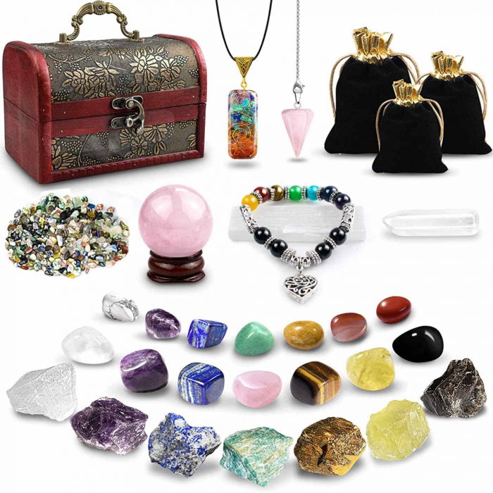 Set 28 piese cu cristale vindecatoare naturale - Contine 14 cristale naturale polisate si 7 pietre brute, sfera, pendul, selenit, bratara, colier, cristal stanca, pietre sparte [1]