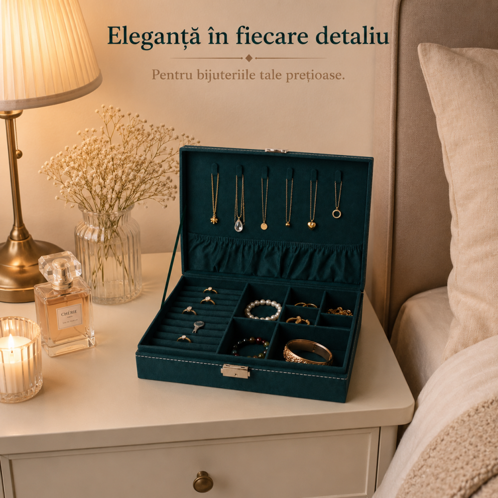 Cutie Dreptunghiulara pentru Bijuterii din Catifea Verde – Organizare Eleganta si Protectie [4]