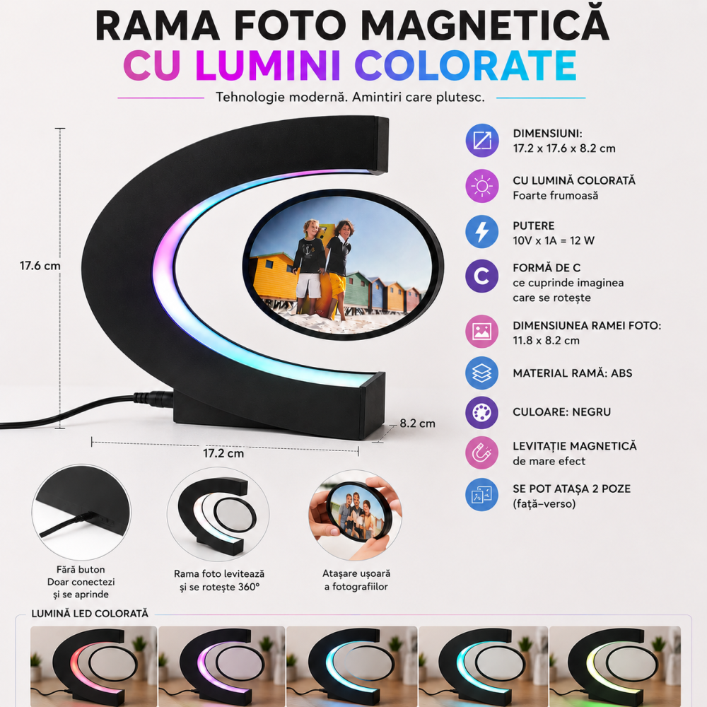 Rama Foto Magnetica Levitanta Forma C cu Iluminare RGB si Rotire 360° [5]
