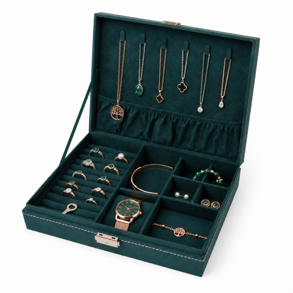 Cutie Dreptunghiulara pentru Bijuterii din Catifea Verde – Organizare Eleganta si Protectie [1]