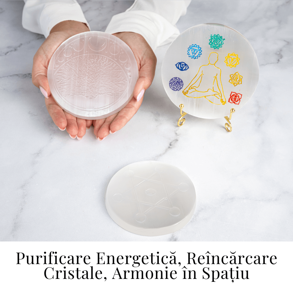Disc Rotund din Selenit Natural 12cm – Placa cu Simbolul Metatron pentru Purificare si Protectie Energetica [2]