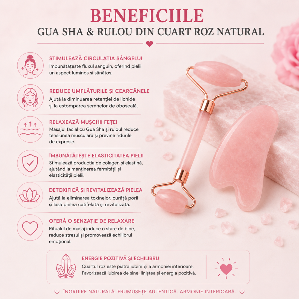 Set Gua Sha si Roller din Cuart Roz Natural – Frumusete, Relaxare si Energie Pozitiva [5]