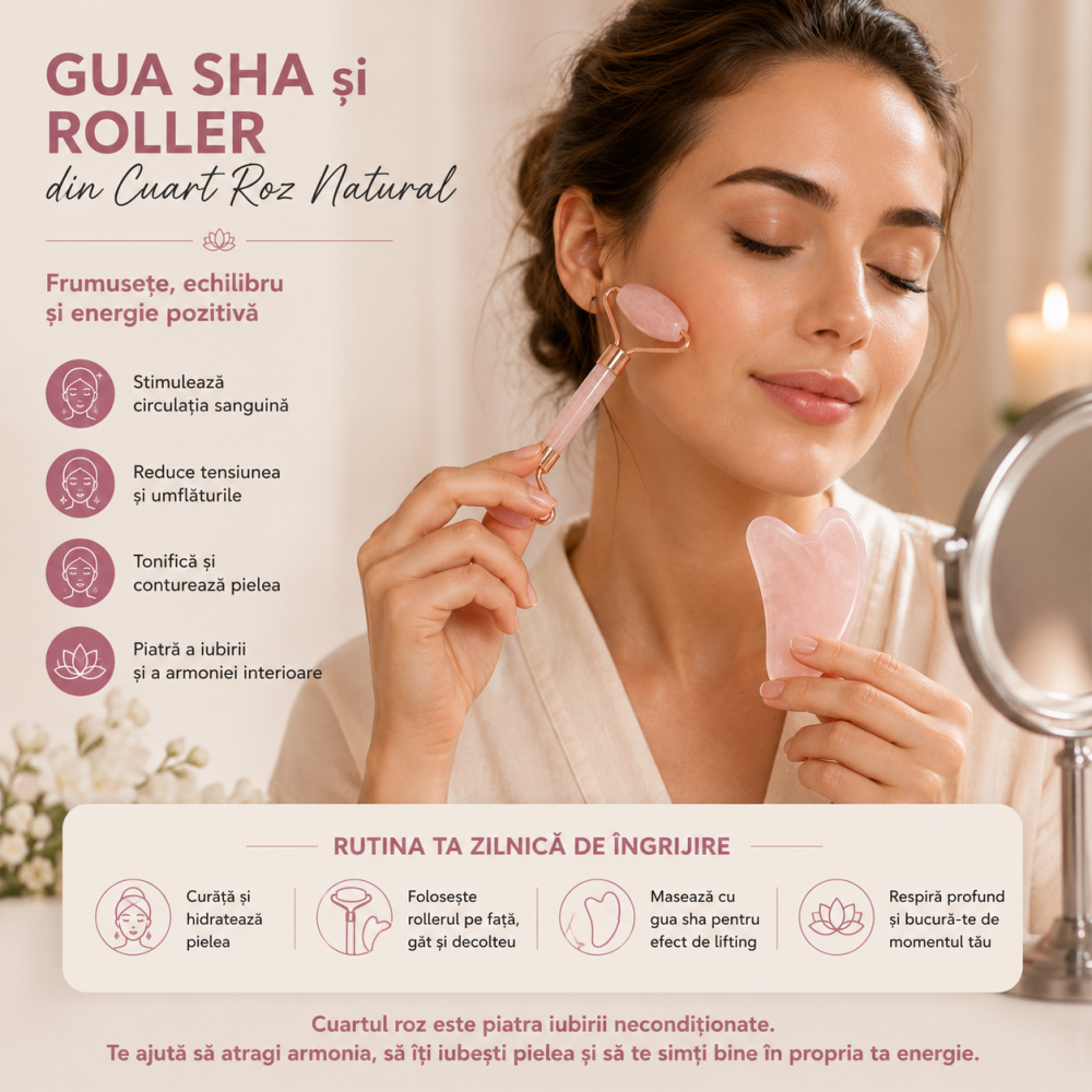 Set Gua Sha si Roller din Cuart Roz Natural – Frumusete, Relaxare si Energie Pozitiva [3]