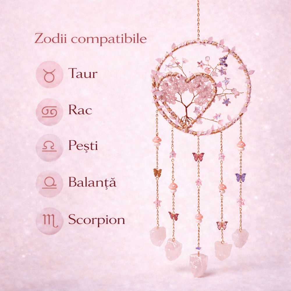 Dreamcatcher cu cuart roz, un simbol al blândeții, iubirii si linistii interioare [5]