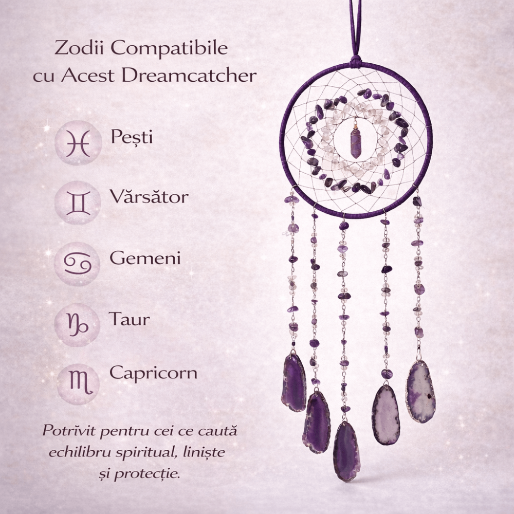 Dreamcatcher cu ametist, cuart transparent si agat – un simbol al claritătii si linistii interioare [4]