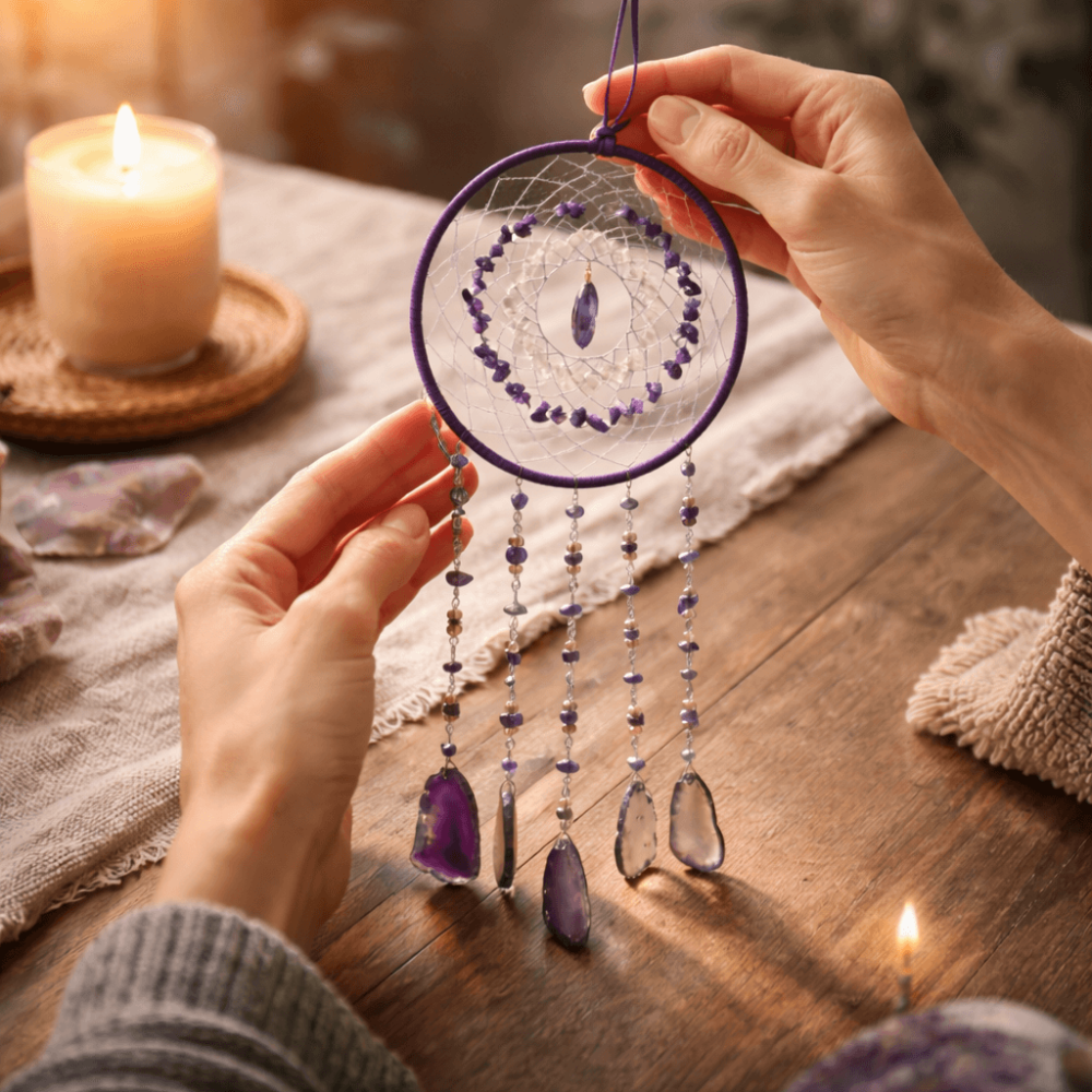 Dreamcatcher cu ametist, cuart transparent si agat – un simbol al claritătii si linistii interioare [6]