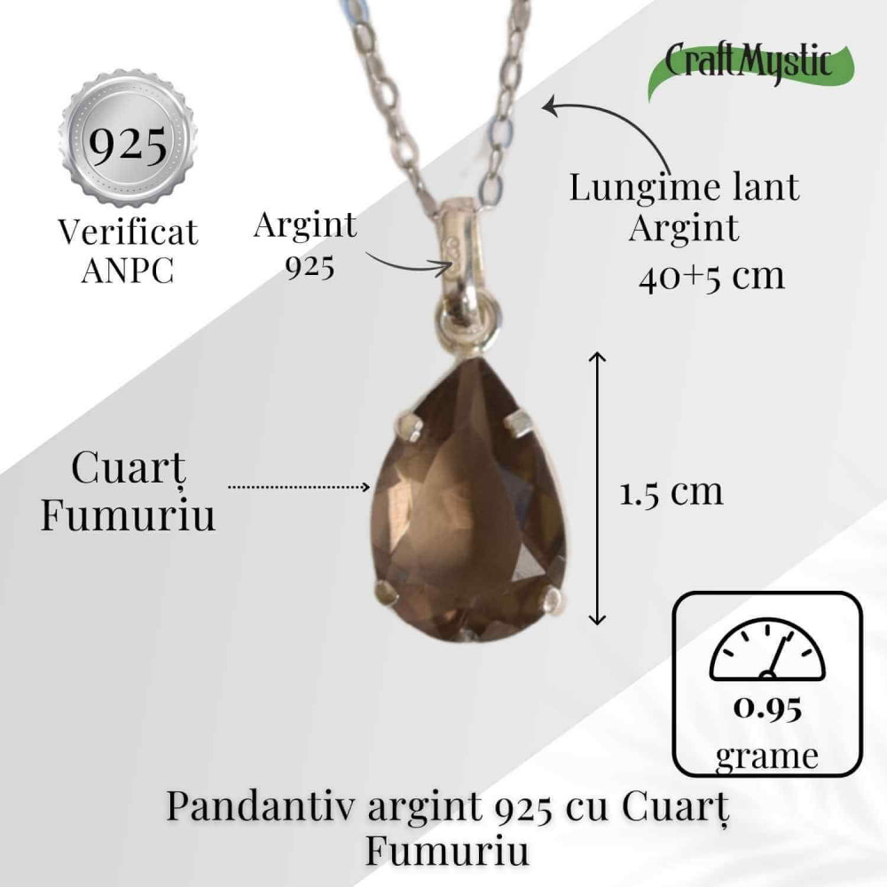Echilibru si Protectie – Colier Cuart Fumuriu fatetat Lacrima Argint 925 [5]