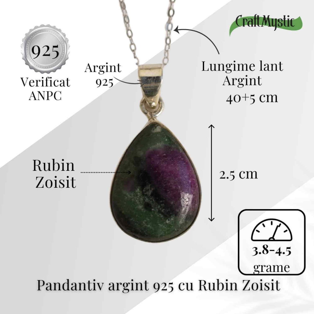 Curaj si Echilibru Emotional – Colier din Argint 925 cu Rubin Zoisit in Forma de Lacrima [5]