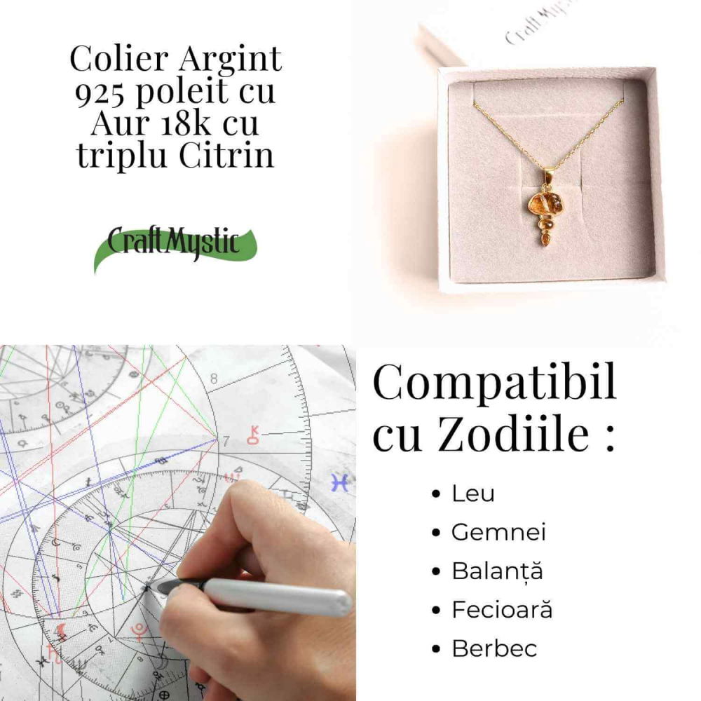 Energie Pozitiva si Prosperitate –Colier inox si pandantiv argint 925 placat cu aur de18k si Triplu Citrin [4]